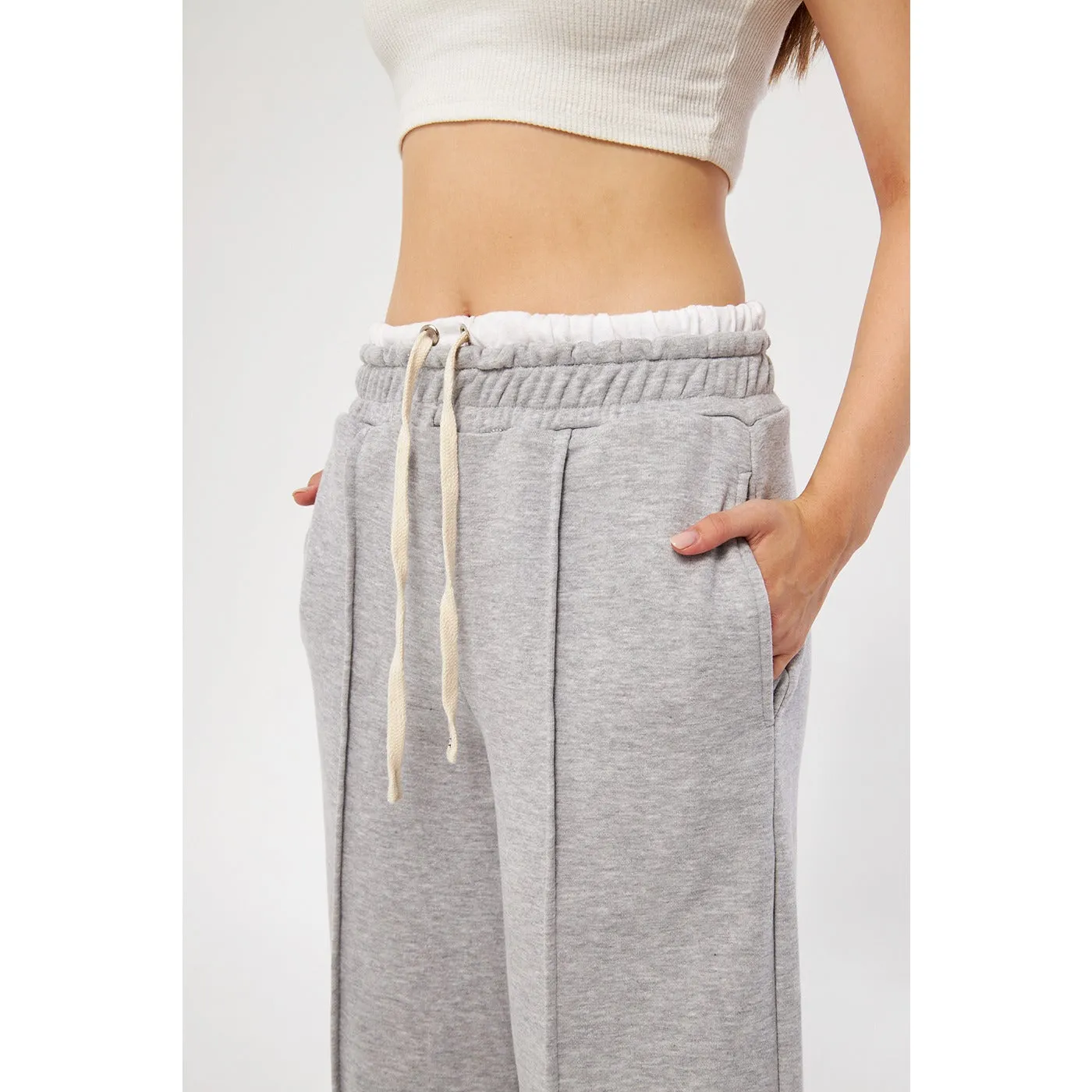 Grey Wide Leg Belt Contrast Trousers