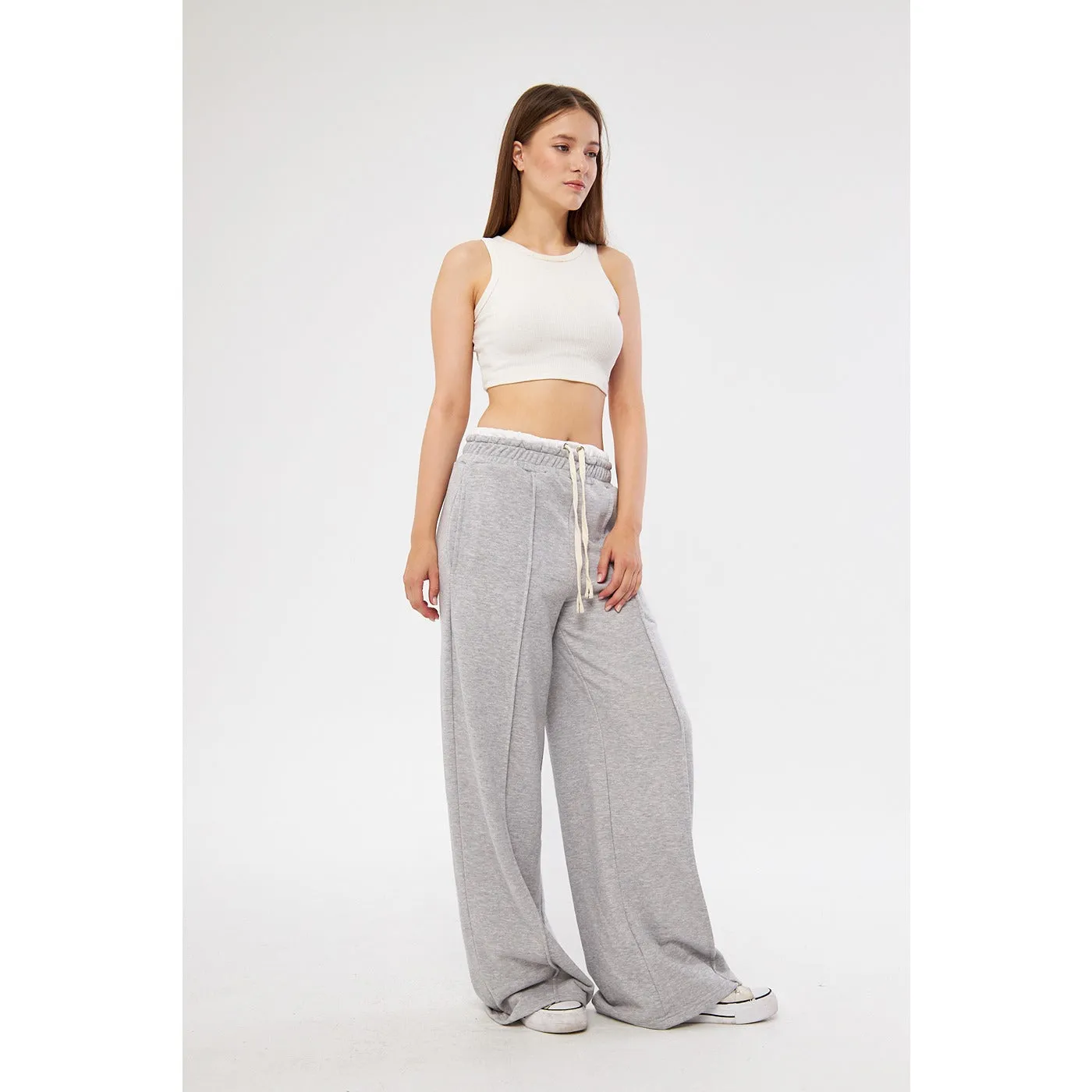 Grey Wide Leg Belt Contrast Trousers