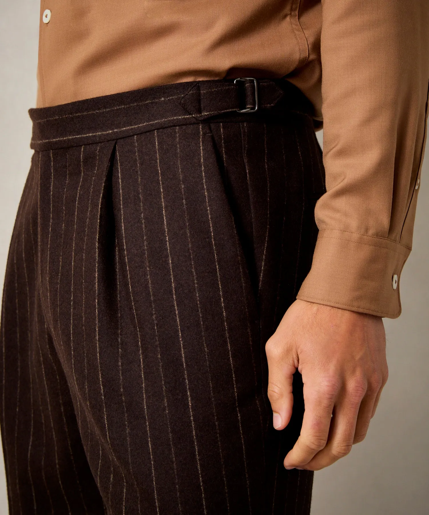 Italian Flannel Side Tab Trouser in Brown Pinstripe