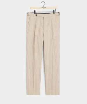 Italian Linen Side Tab Trouser in Ecru Stripe