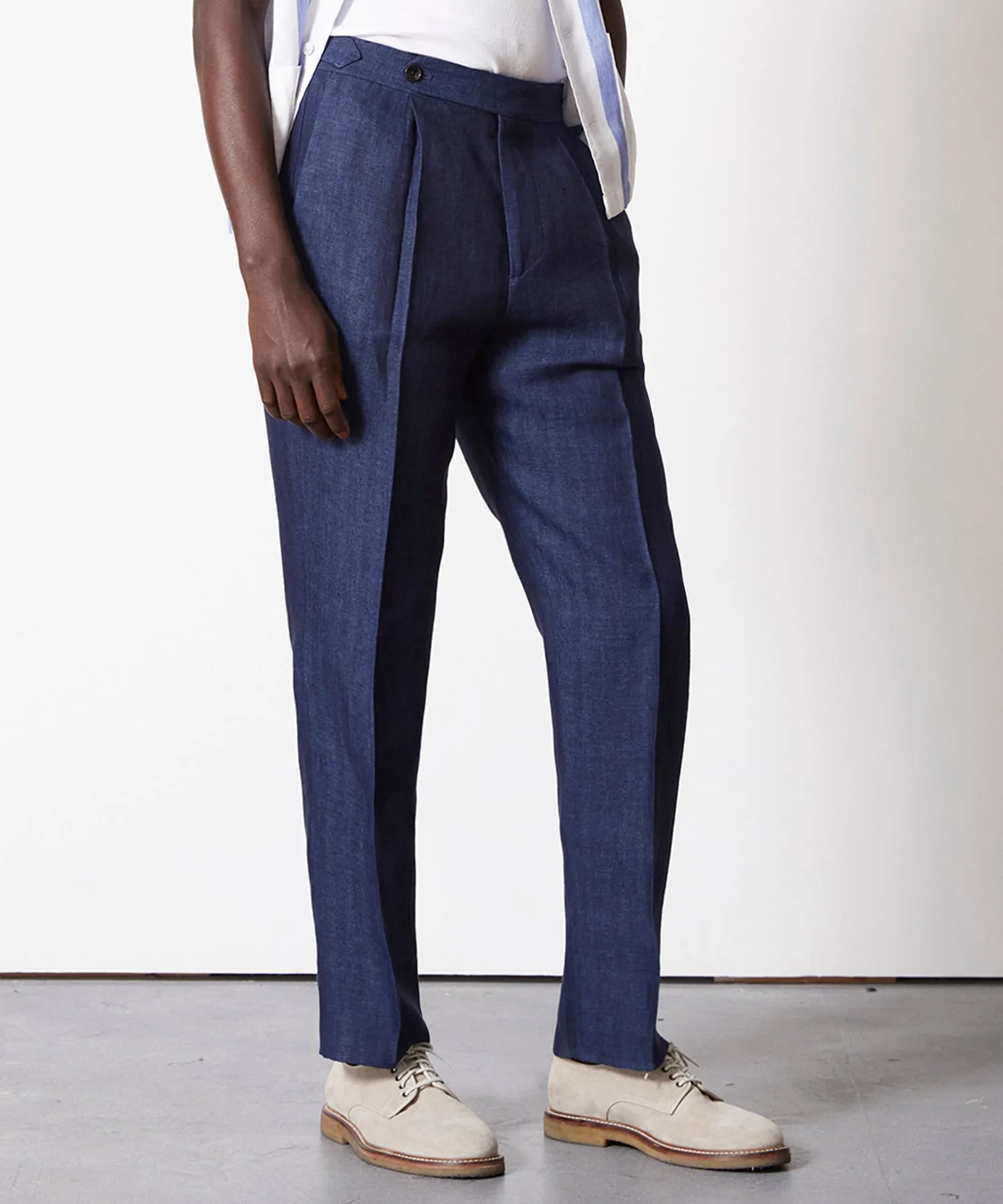 Italian Linen Side Tab Trouser in Sail Blue Herringbone