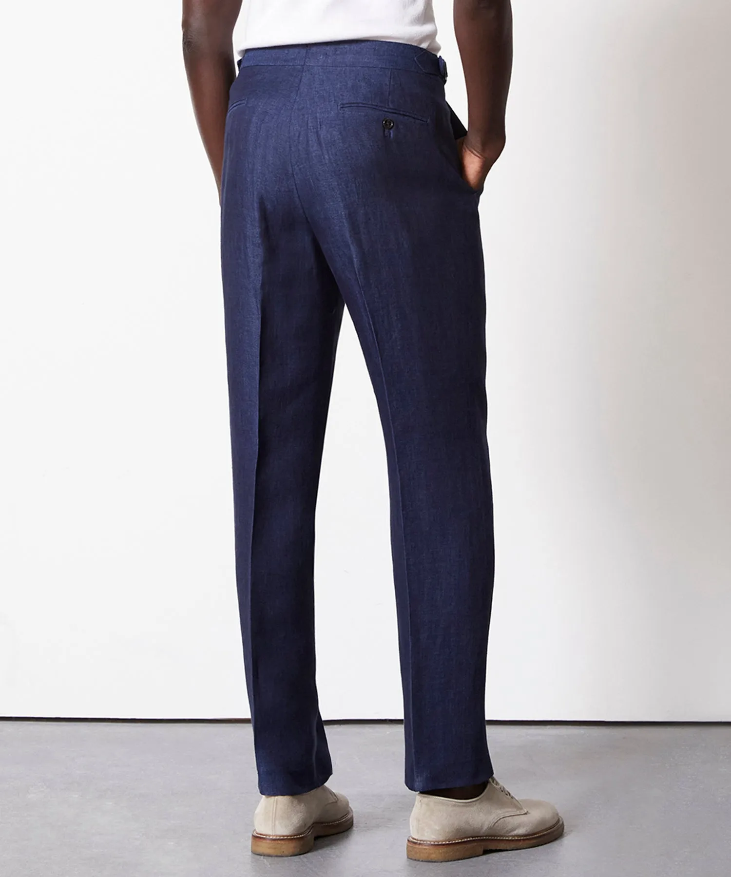 Italian Linen Side Tab Trouser in Sail Blue Herringbone