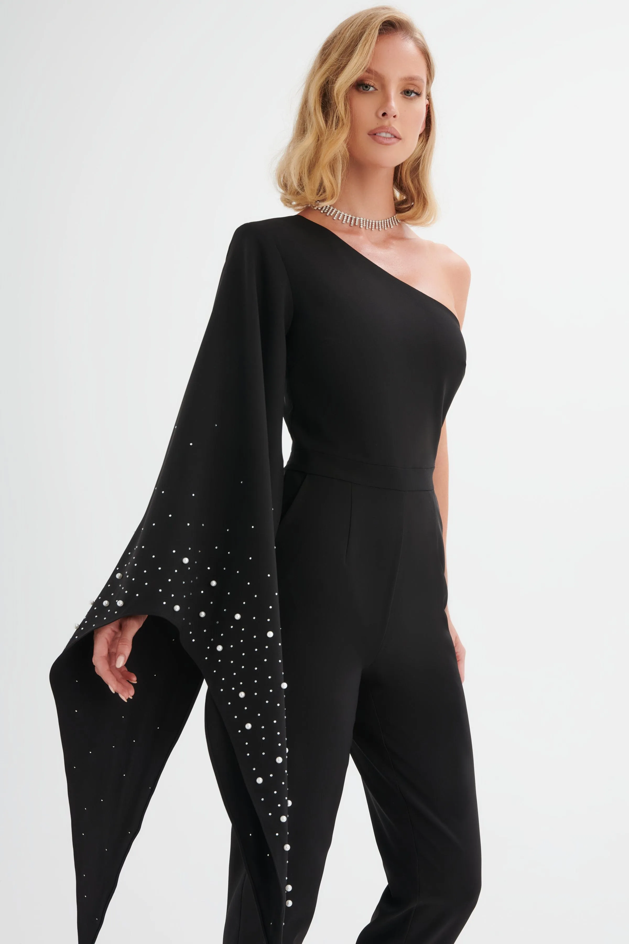 KADY Ombre Embellished One Shoulder Jumpsuit in Black