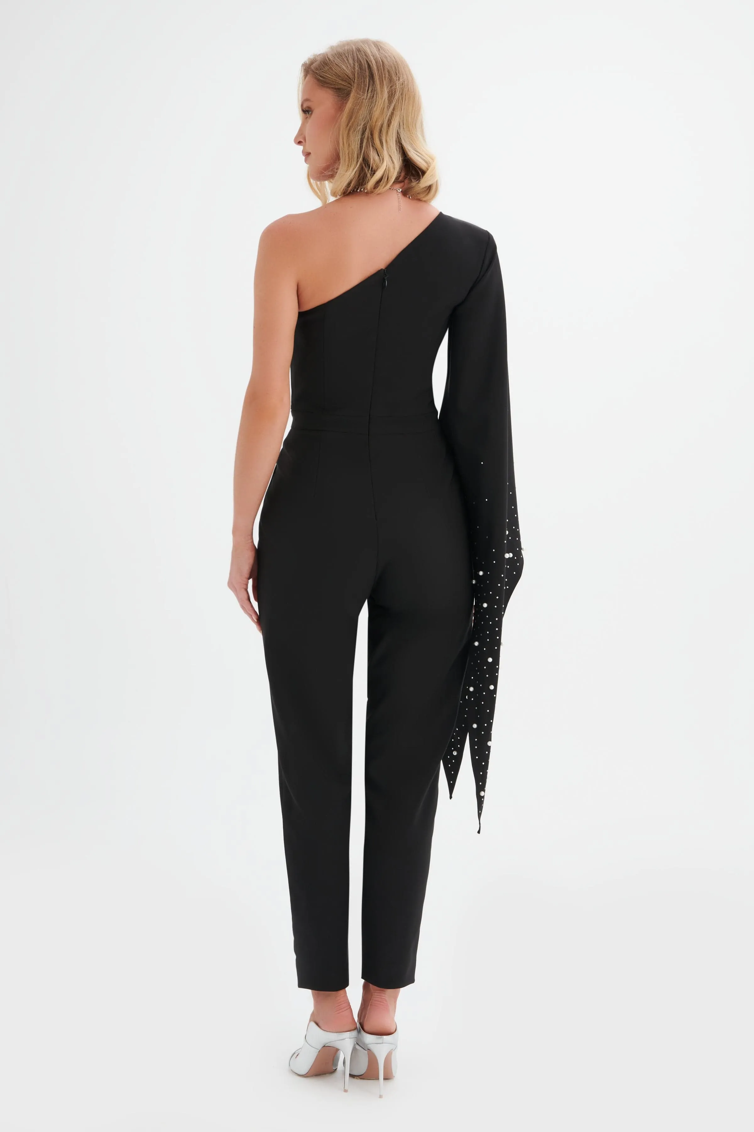 KADY Ombre Embellished One Shoulder Jumpsuit in Black