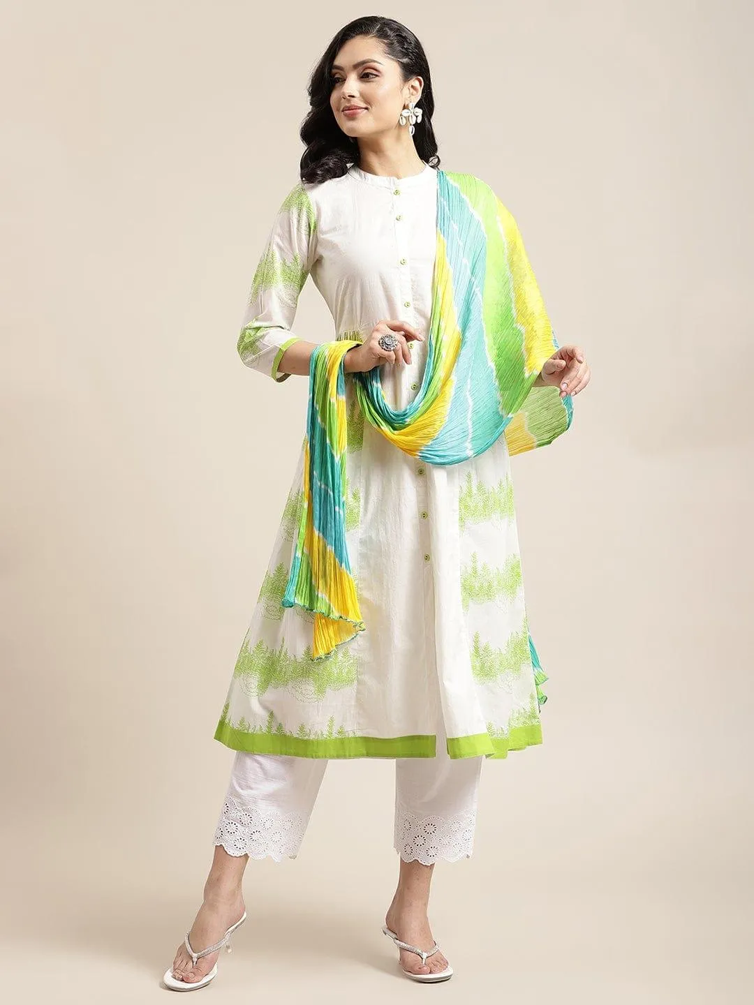 KSUT Off White Colourblocked Pleated Pure Cotton Kurta with Trousers & With Dupatta