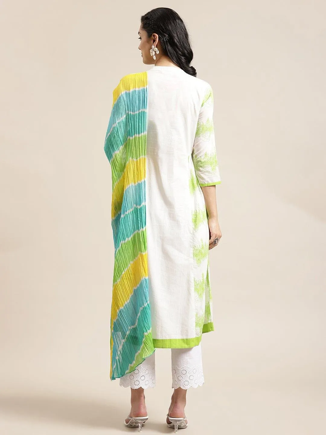 KSUT Off White Colourblocked Pleated Pure Cotton Kurta with Trousers & With Dupatta