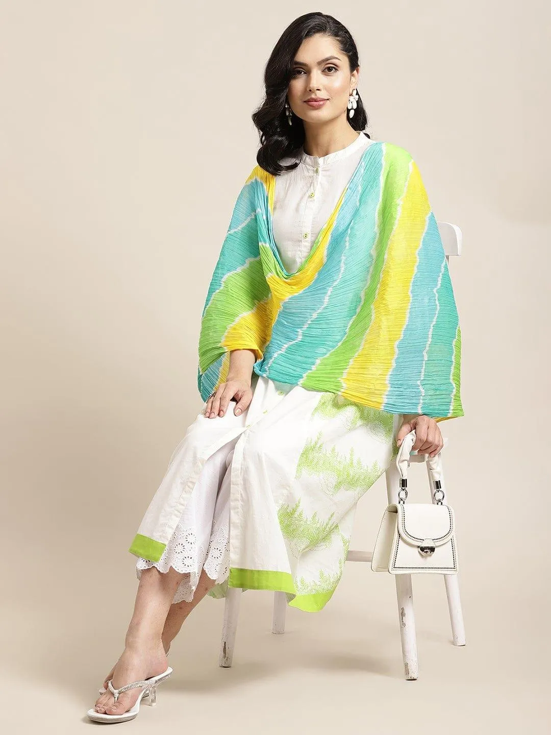 KSUT Off White Colourblocked Pleated Pure Cotton Kurta with Trousers & With Dupatta