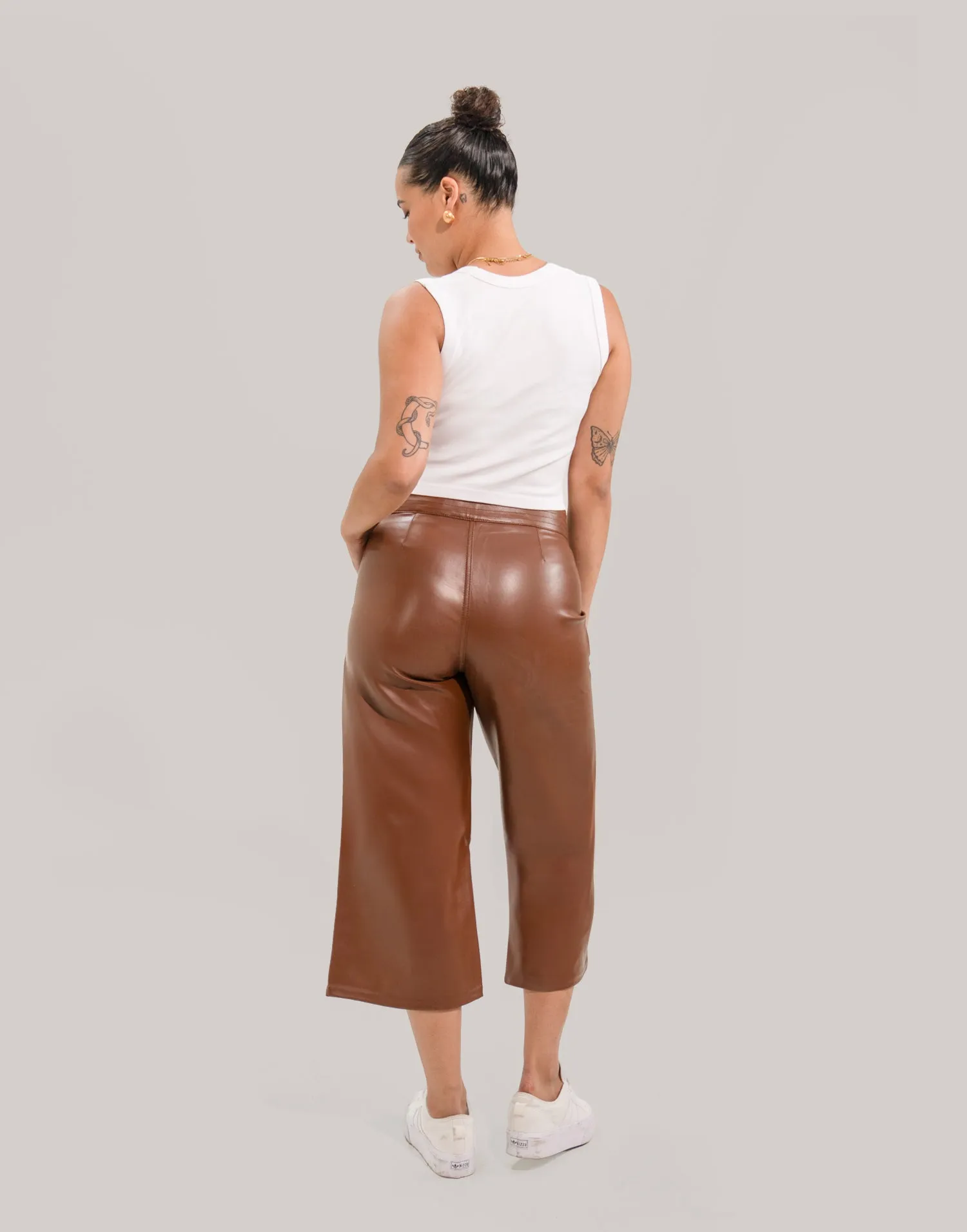 LILY WIDE LEG VEGAN LEATHER PANT / DARK BROWN