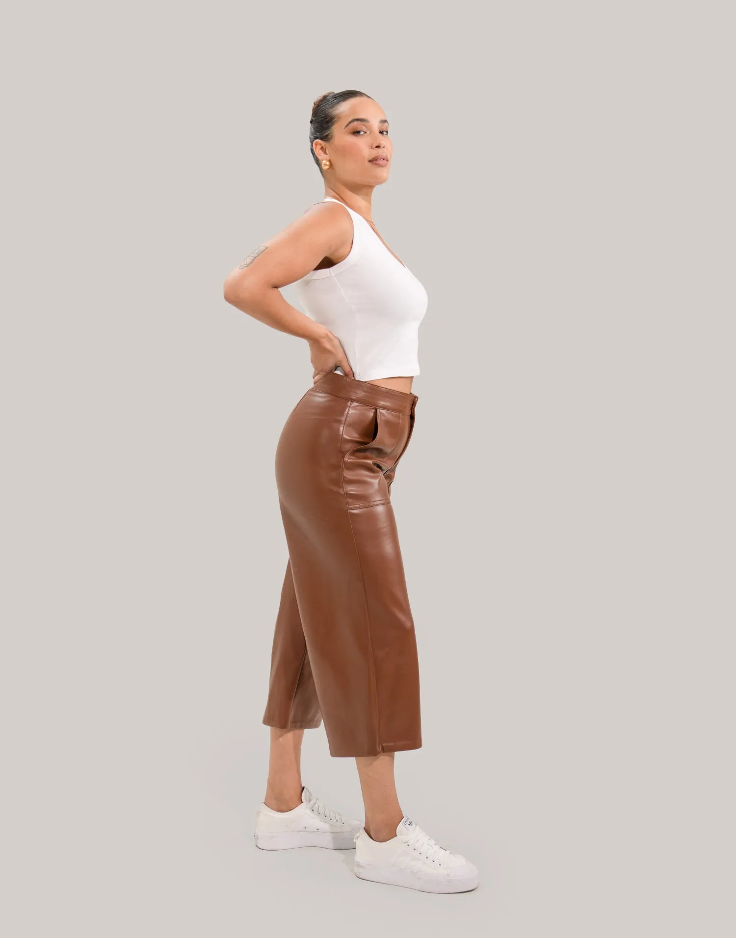 LILY WIDE LEG VEGAN LEATHER PANT / DARK BROWN