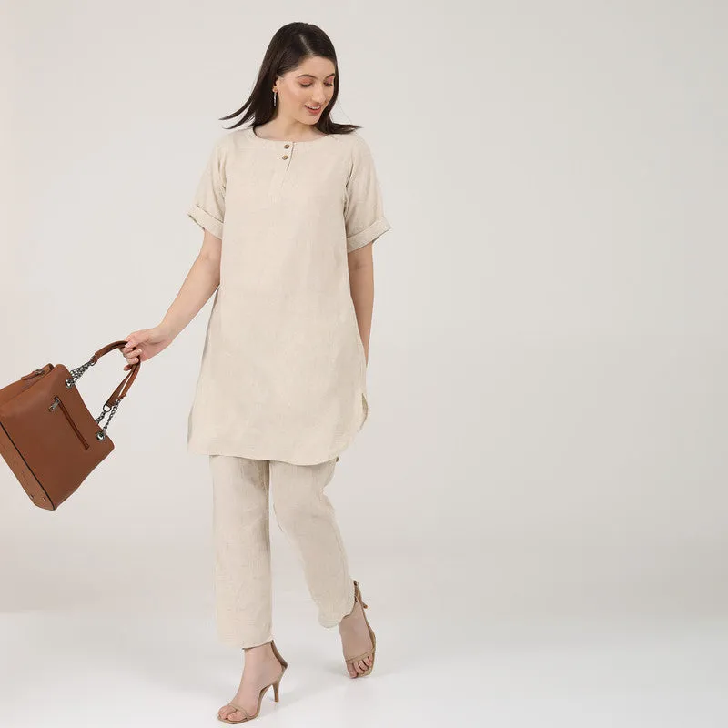 Linen Co Ord Set for Women | Beige | Tunic & Trousers