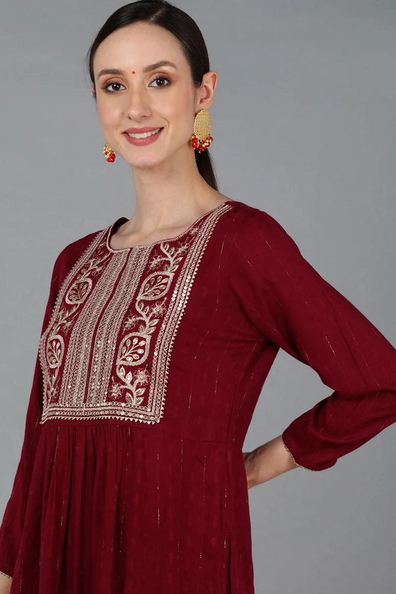 Maroon Silk Blend Yoke Design Solid Straight Kurta Set