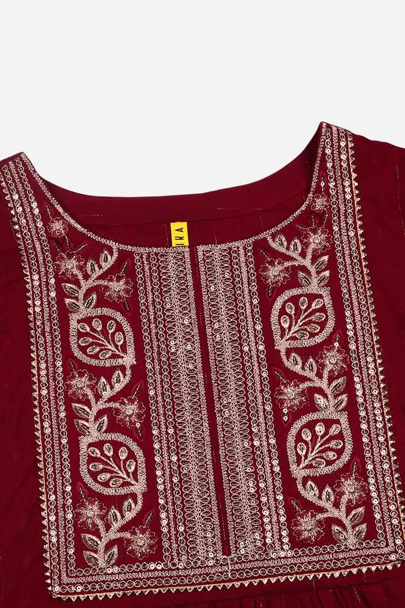 Maroon Silk Blend Yoke Design Solid Straight Kurta Set