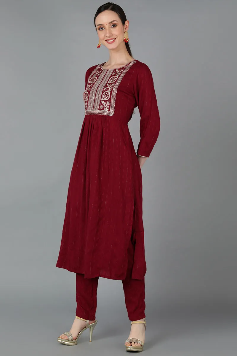 Maroon Silk Blend Yoke Design Solid Straight Kurta Set