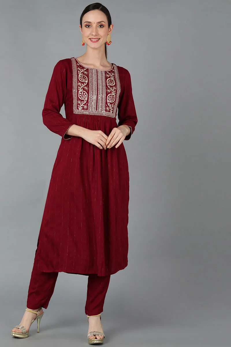 Maroon Silk Blend Yoke Design Solid Straight Kurta Set