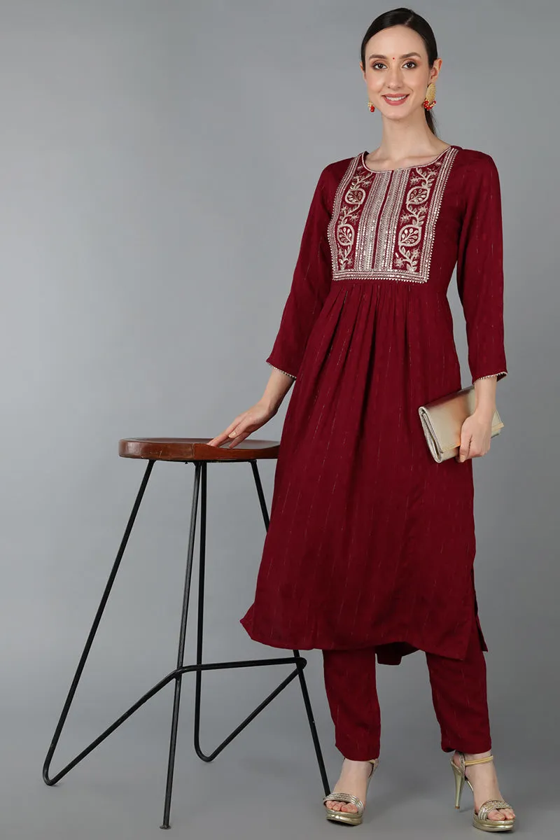 Maroon Silk Blend Yoke Design Solid Straight Kurta Set