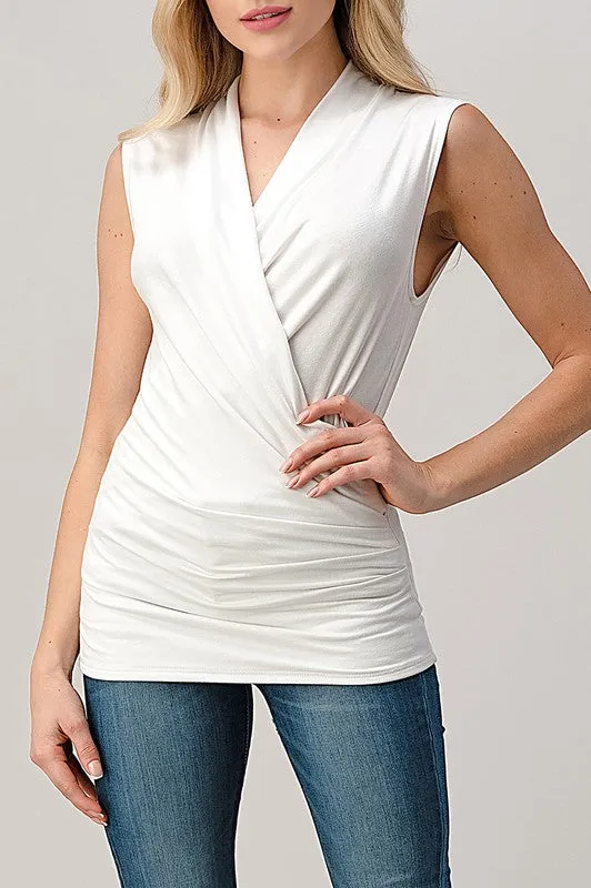 Mitzy Sleeveless Surplice Pleated Top White