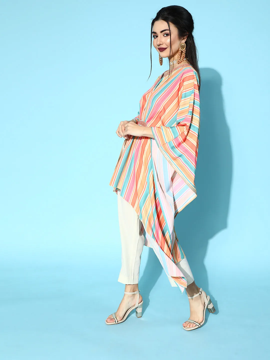 Multi Color Striped Printed Kaftan Kurta With Trousers