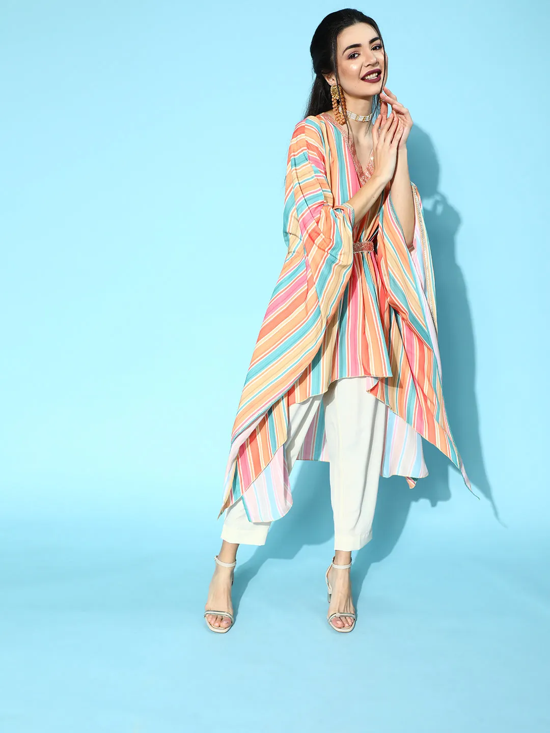 Multi Color Striped Printed Kaftan Kurta With Trousers