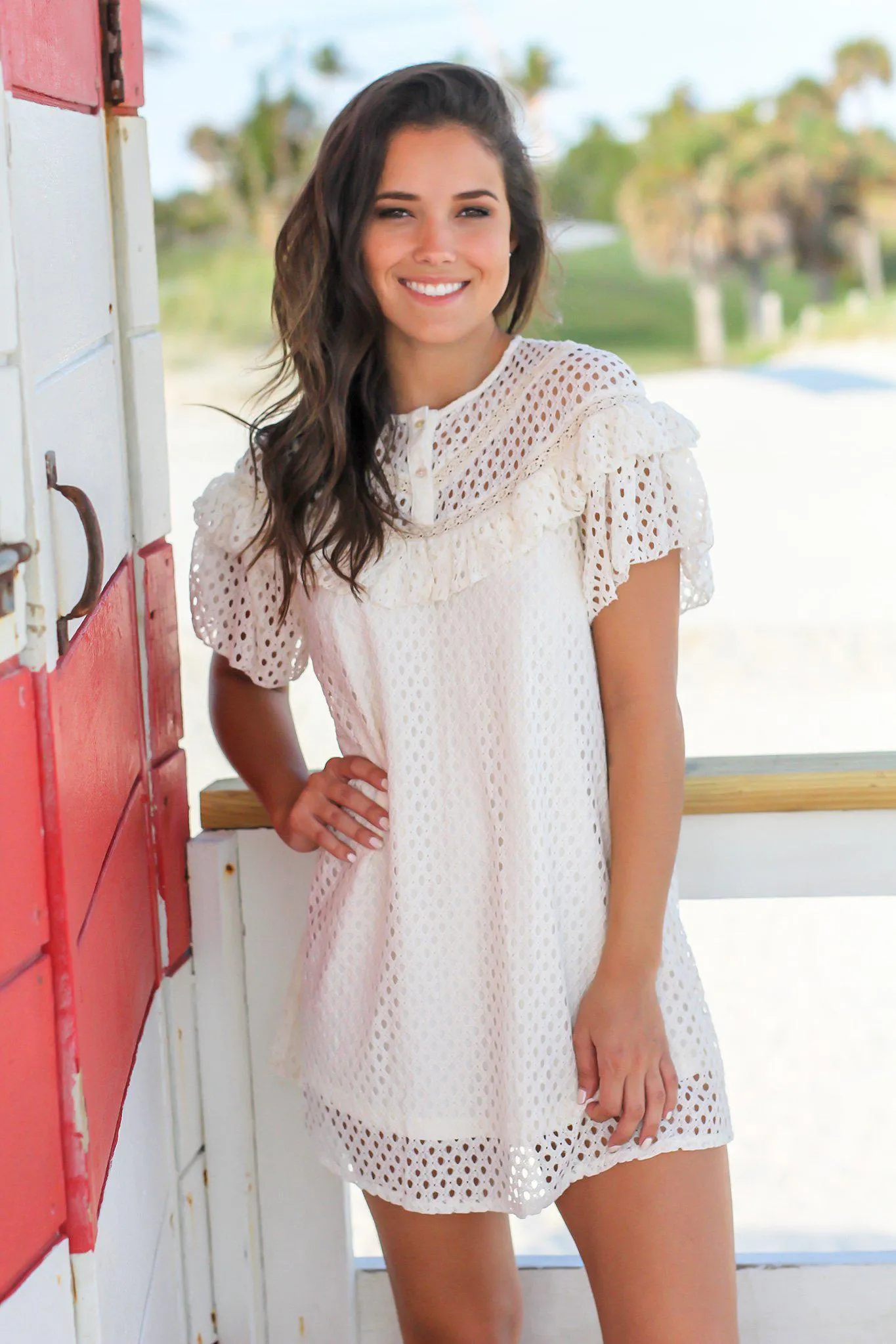 Natural Short Dress with Ruffles