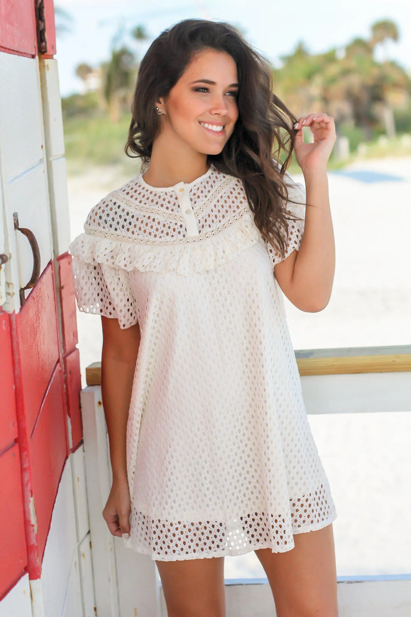 Natural Short Dress with Ruffles