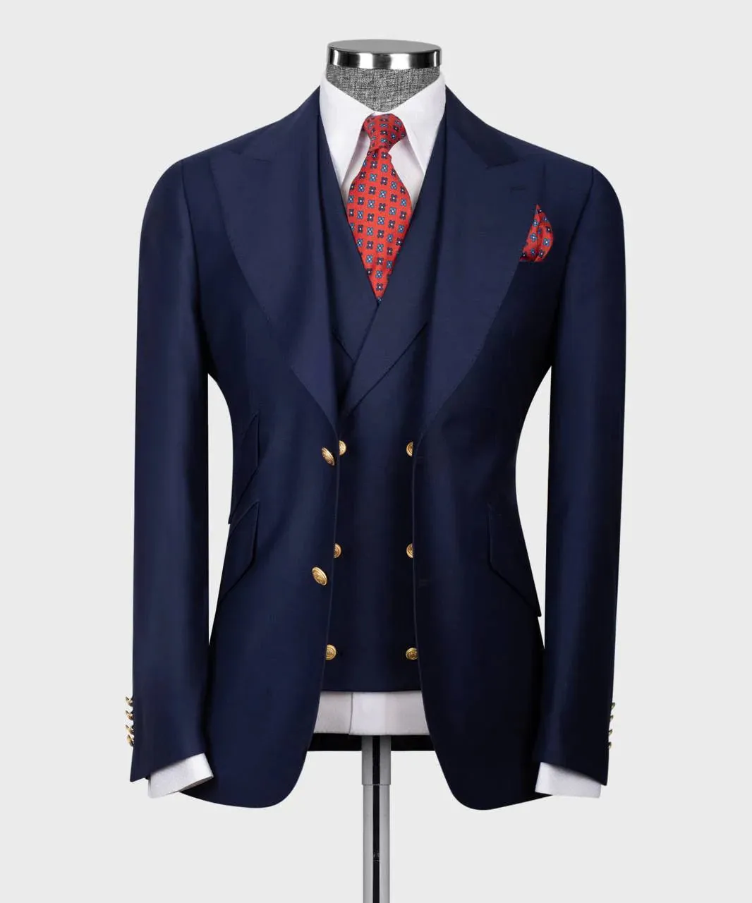 Navy Wool Suits Men With Gold Button