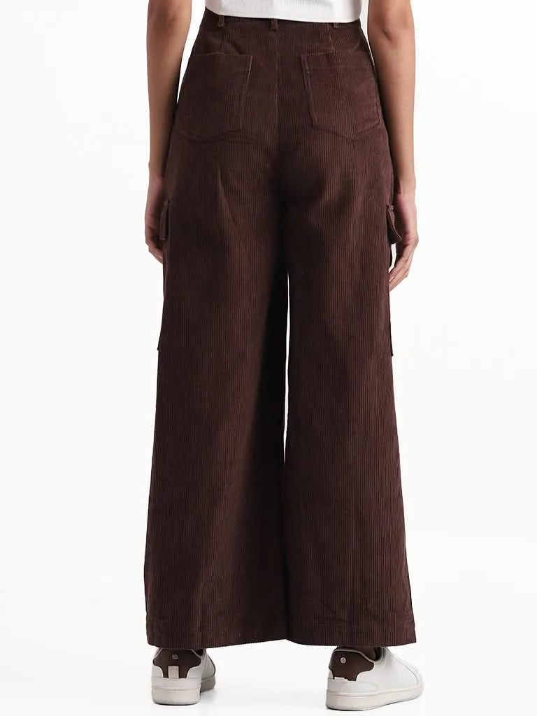 Nuon Dark Brown Corduroy Cargo High Rise Trousers