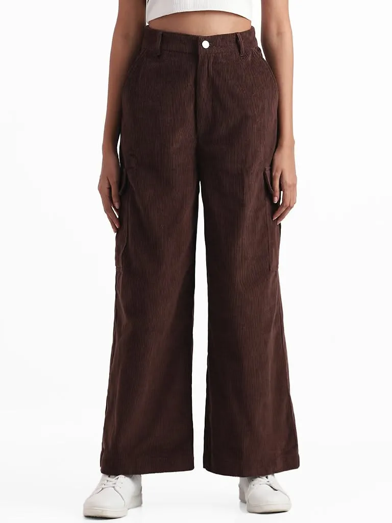 Nuon Dark Brown Corduroy Cargo High Rise Trousers