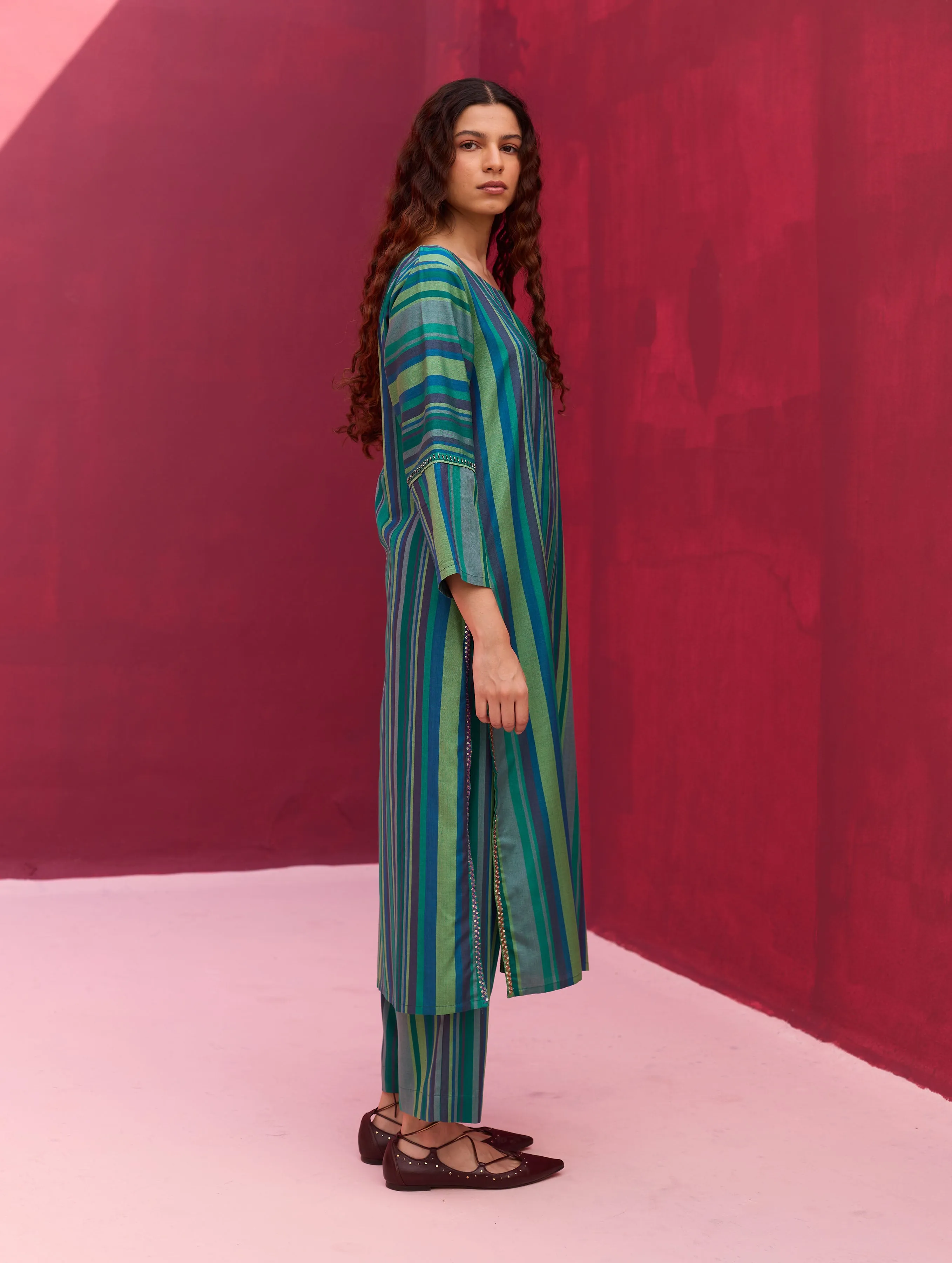 Nura Stripe Silk Kurta Set - Peacock