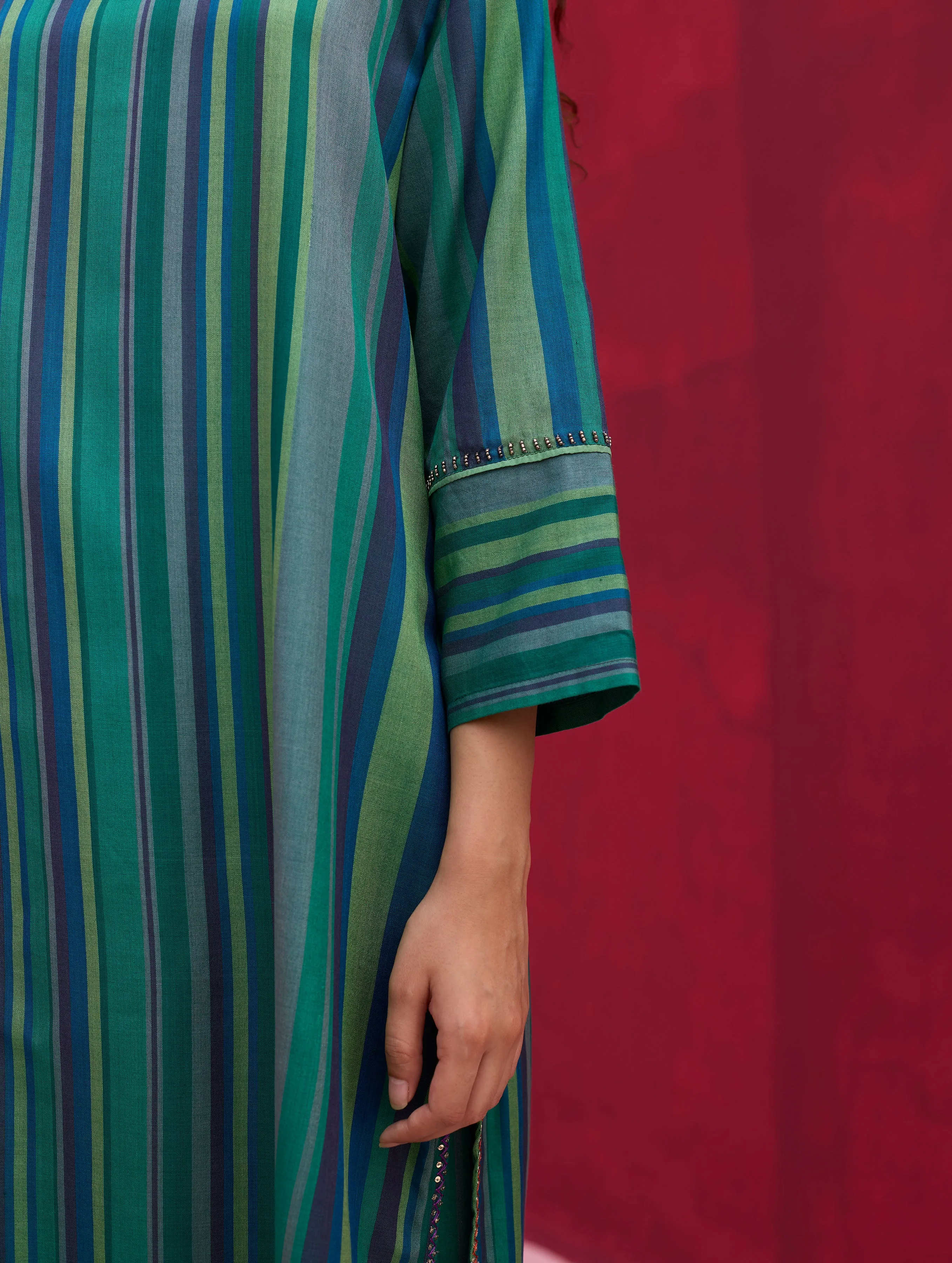 Nura Stripe Silk Kurta Set - Peacock