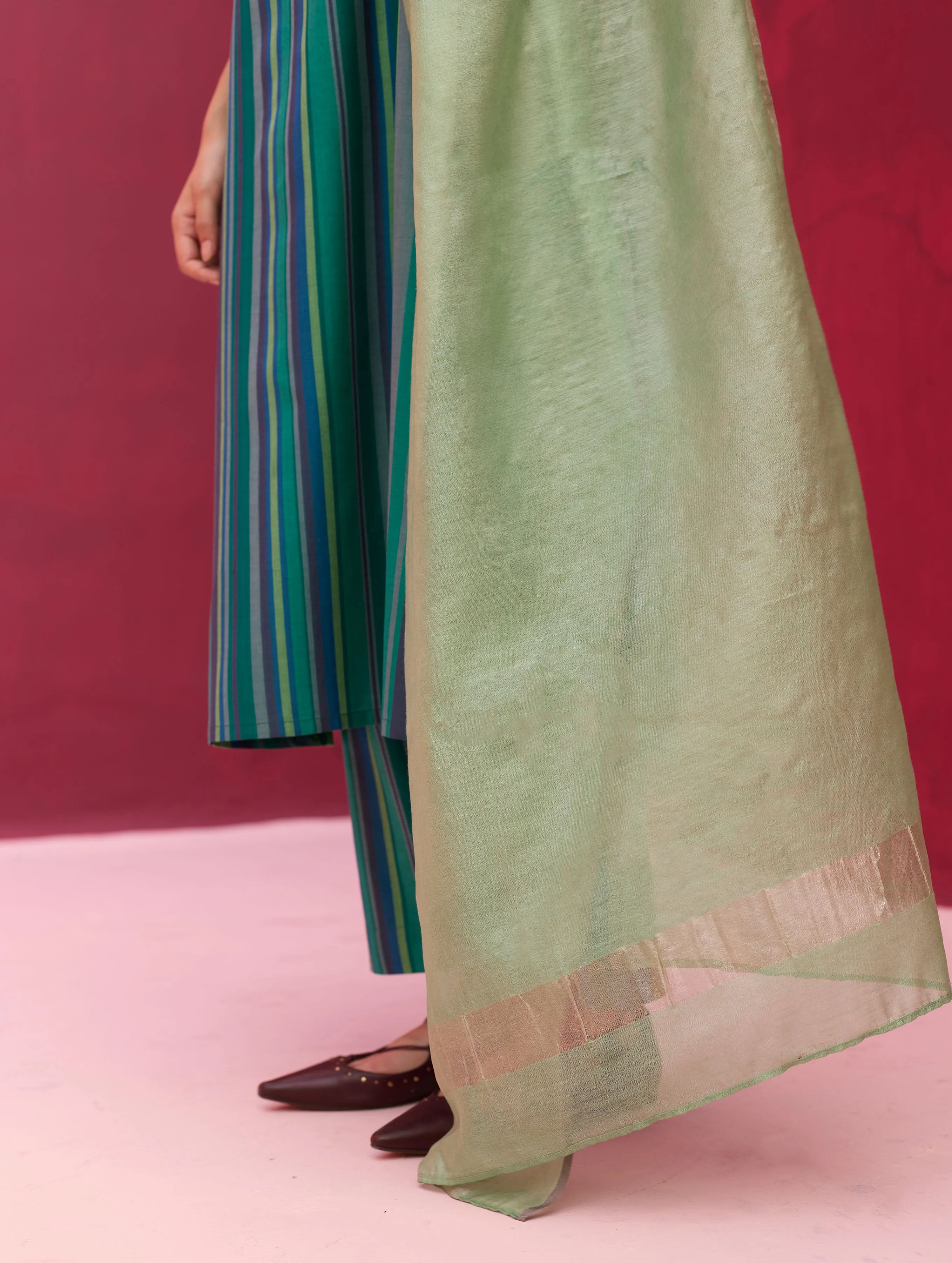 Nura Stripe Silk Kurta Set - Peacock