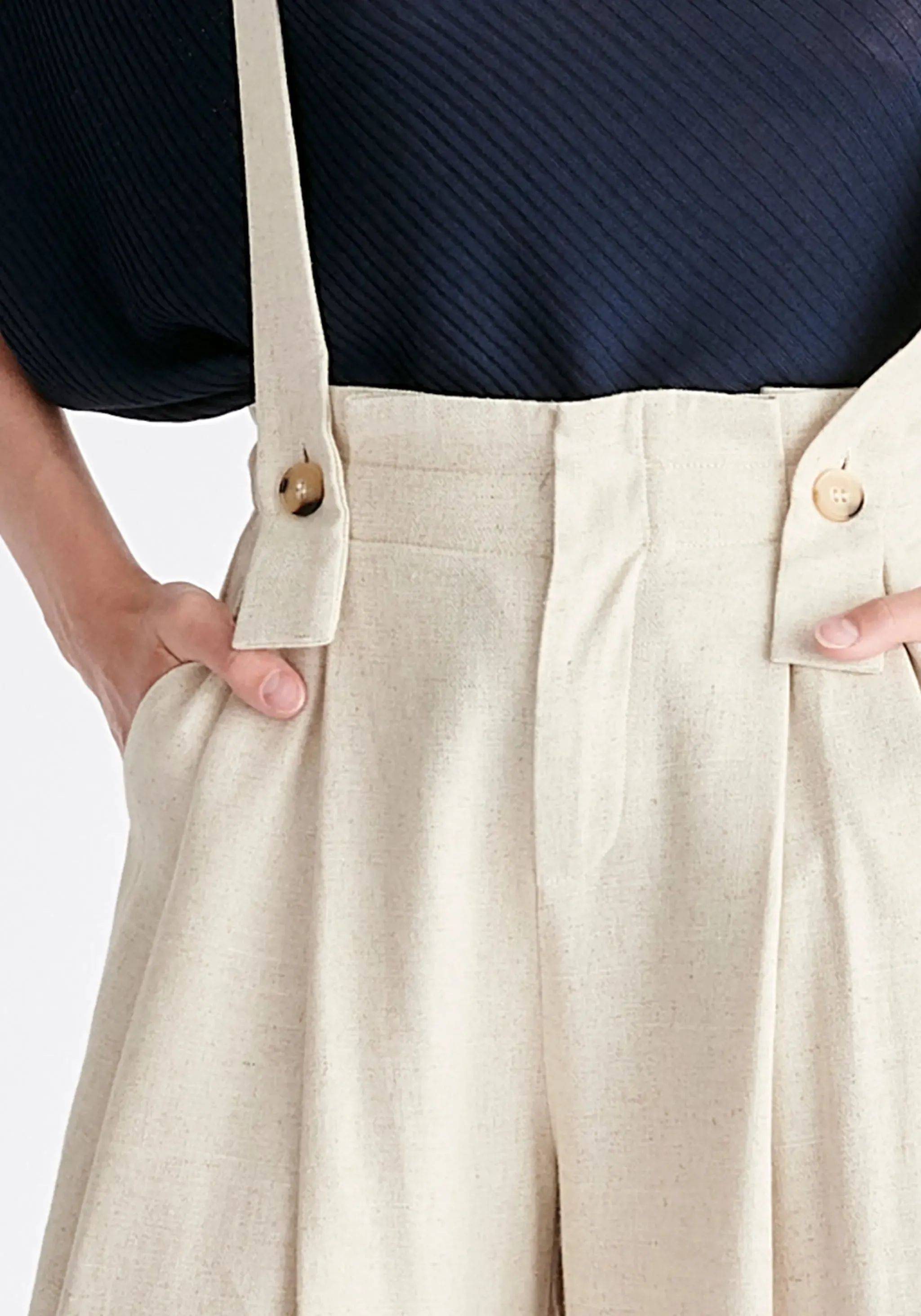 Oatmeal Linen Blend Detachable Suspender Trousers