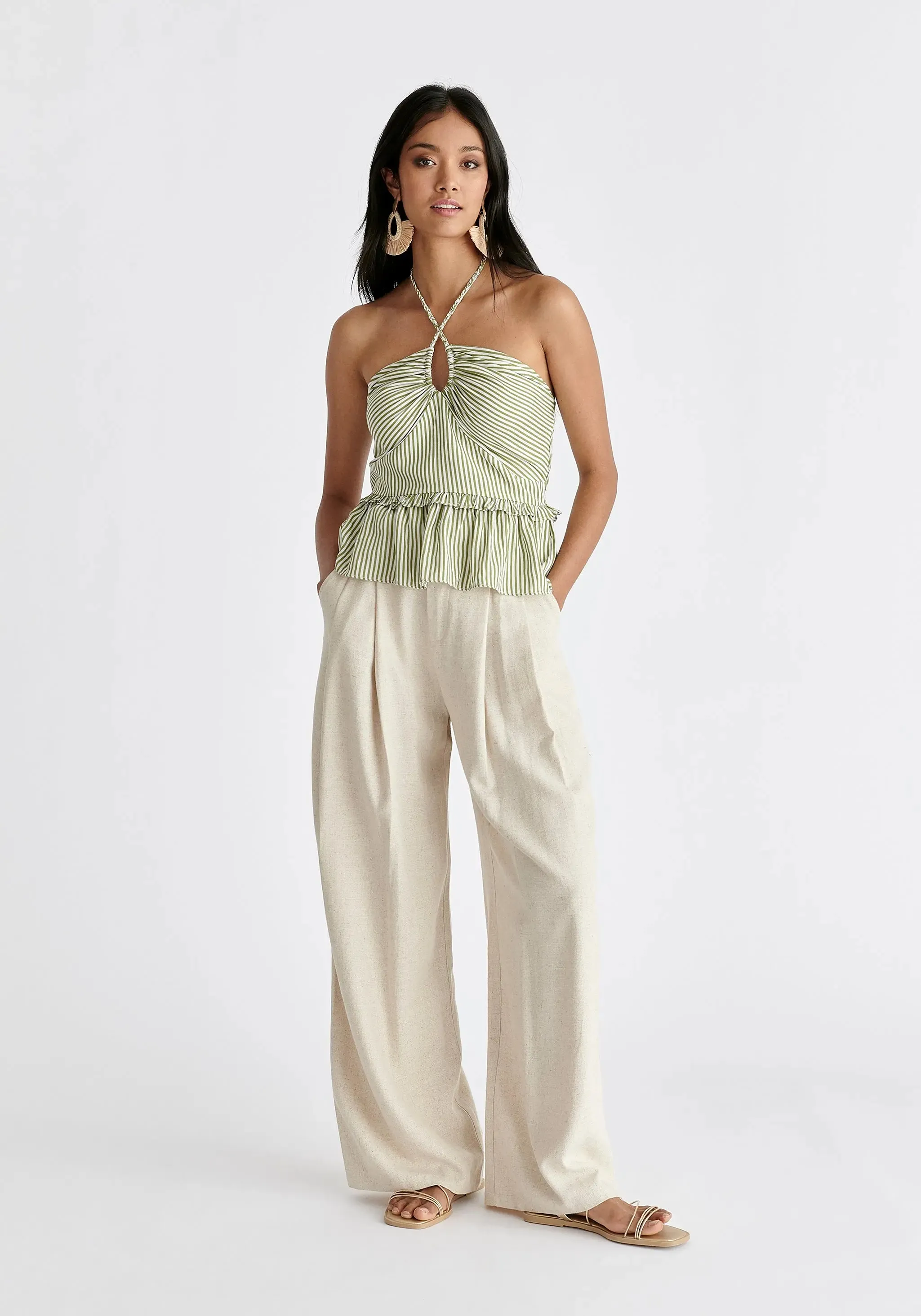 Oatmeal Linen Blend Detachable Suspender Trousers