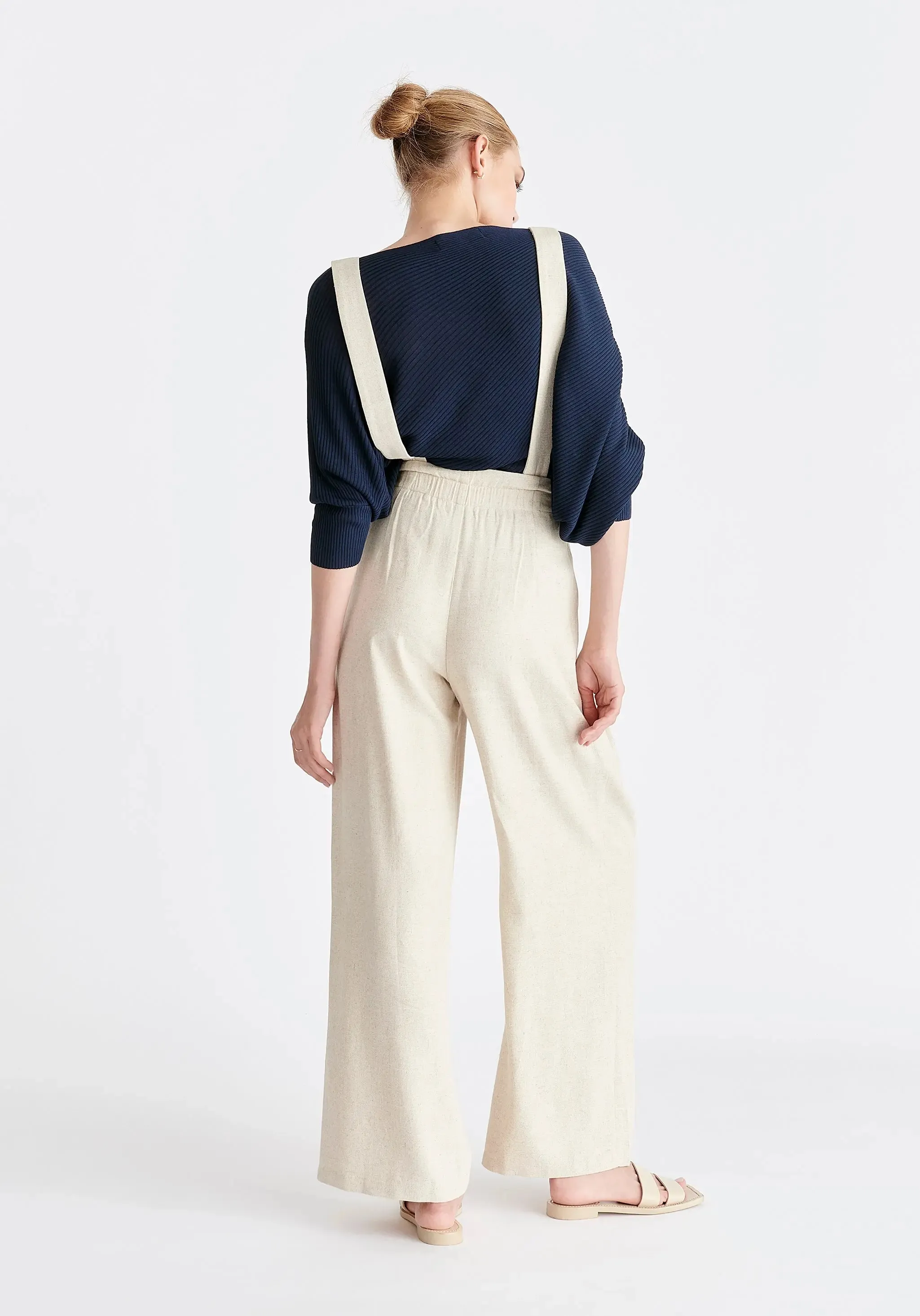 Oatmeal Linen Blend Detachable Suspender Trousers