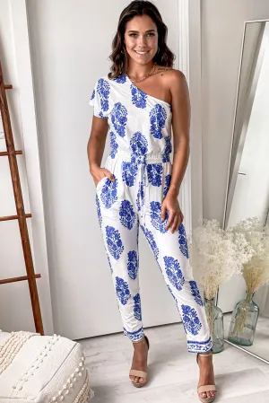 Off White And Blue Printed One Shoulder Jumpsuit