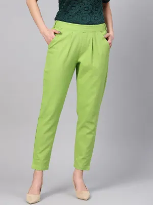 Parrot Green Solid Cotton Slub Straight Pants