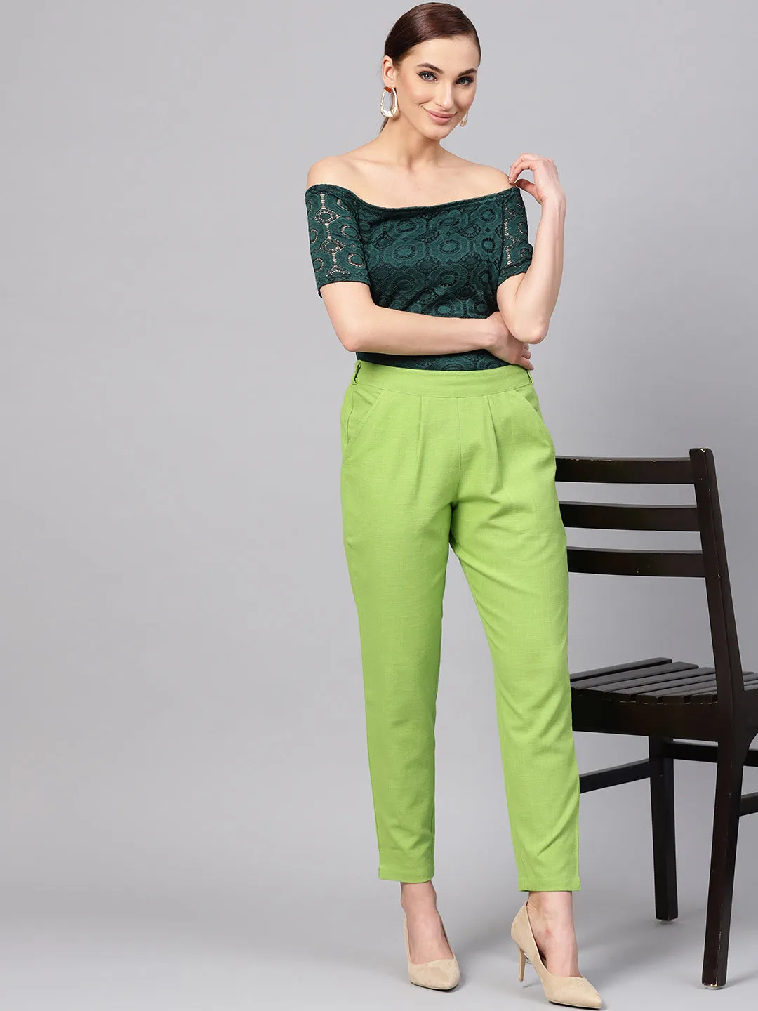 Parrot Green Solid Cotton Slub Straight Pants