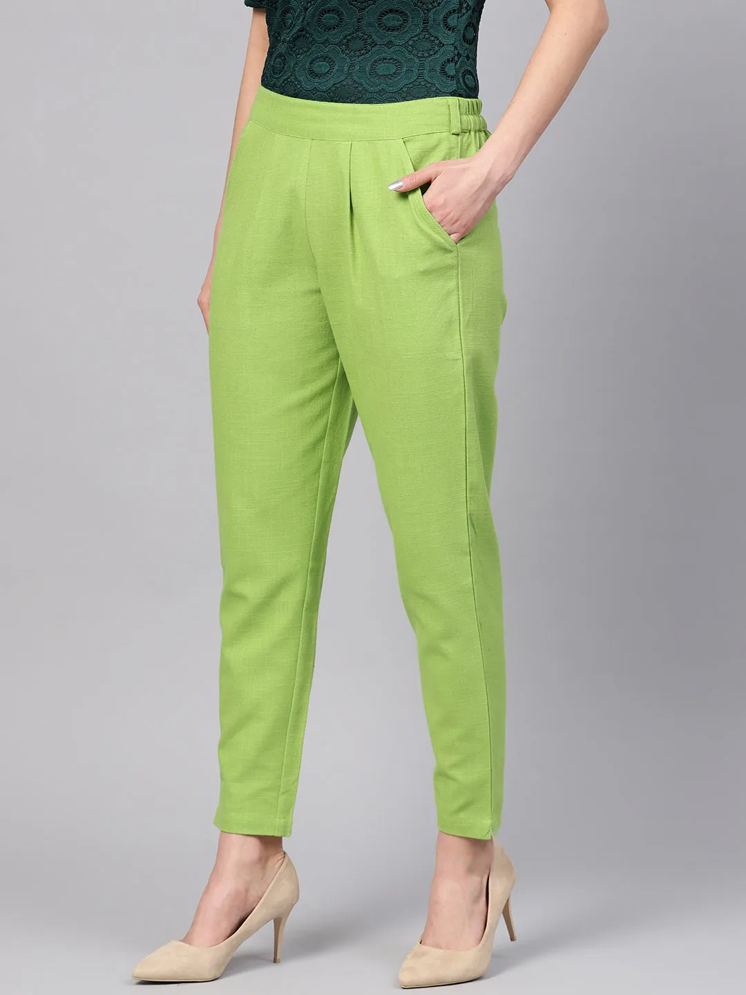 Parrot Green Solid Cotton Slub Straight Pants