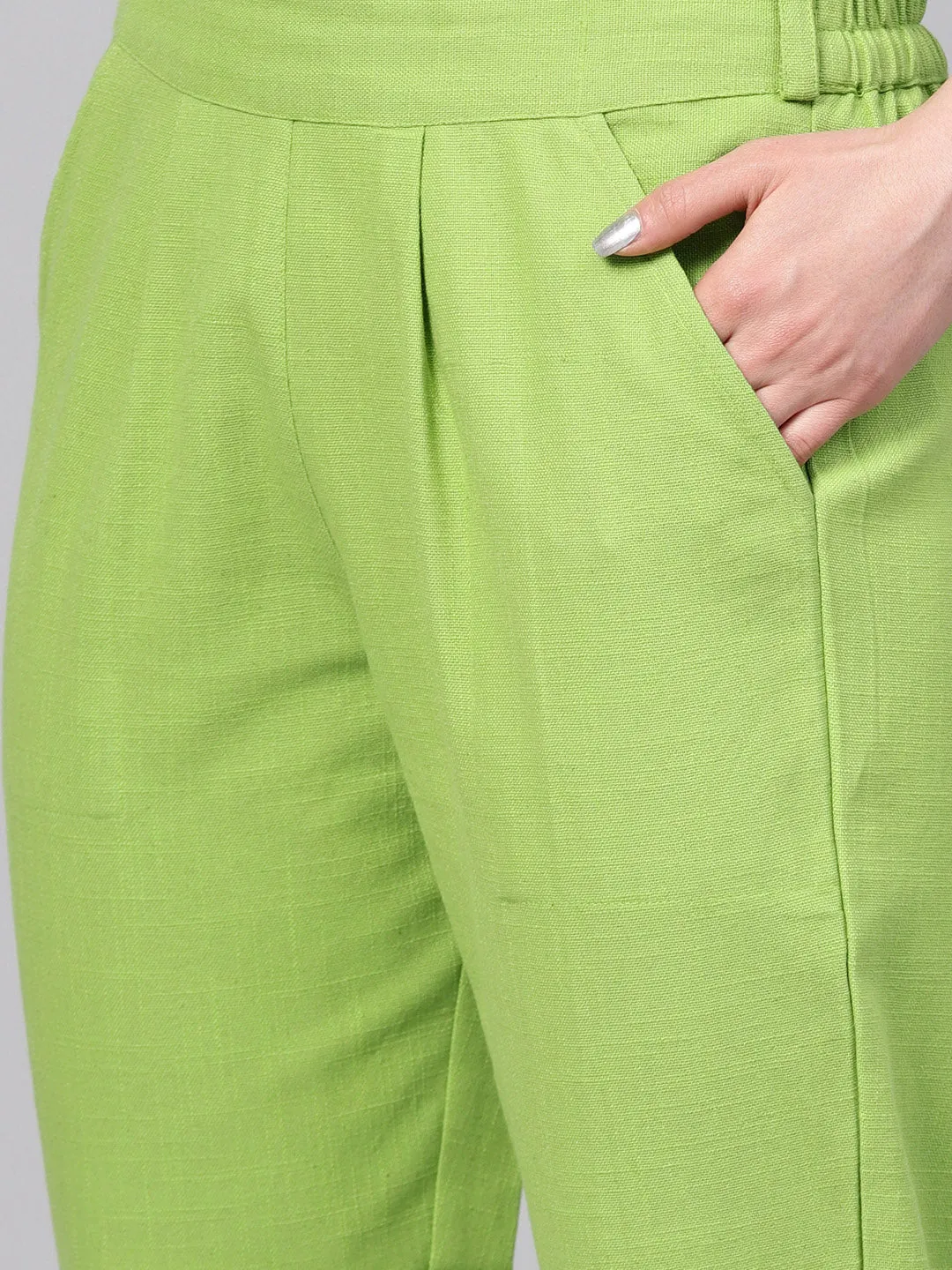 Parrot Green Solid Cotton Slub Straight Pants