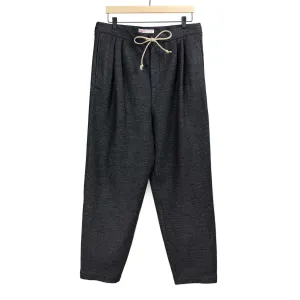 Pleated drawstring trousers in charcoal and grey jacquard deadstock vintage wool