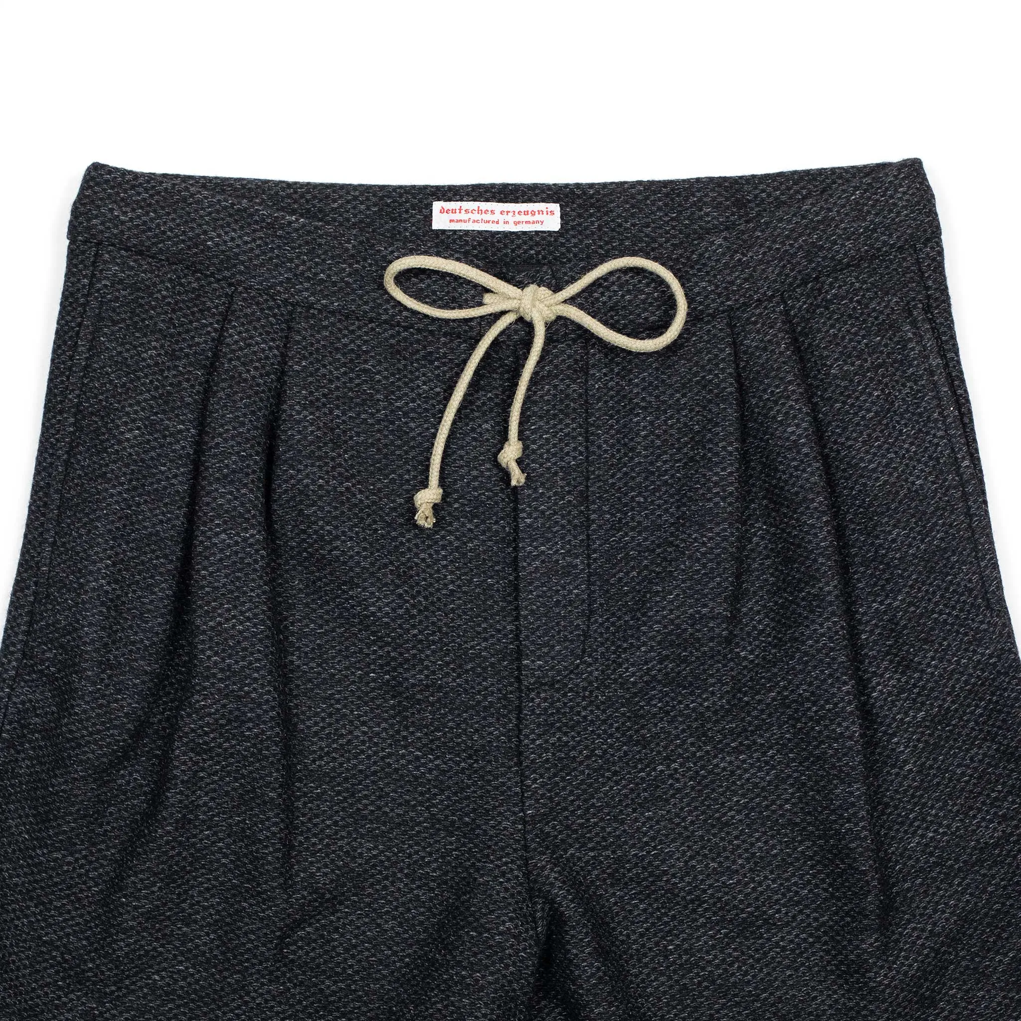 Pleated drawstring trousers in charcoal and grey jacquard deadstock vintage wool