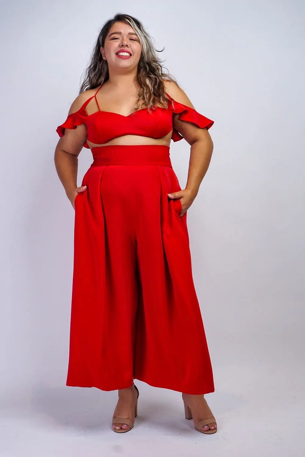 Red Pleated High Waist Wide Leg Kira Pants