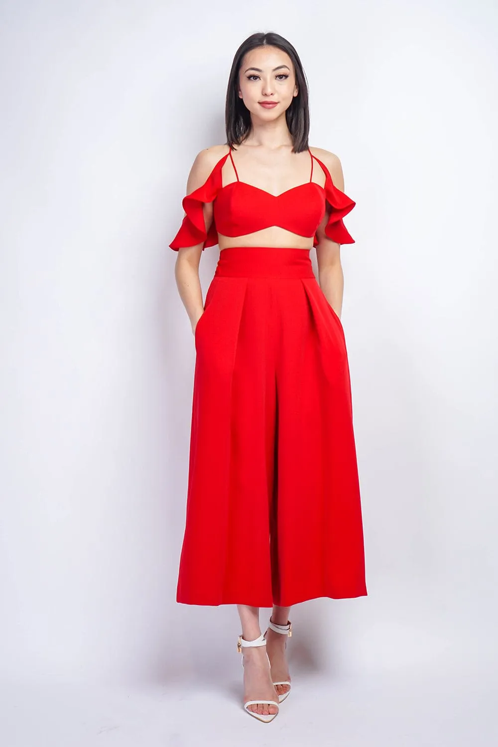 Red Pleated High Waist Wide Leg Kira Pants