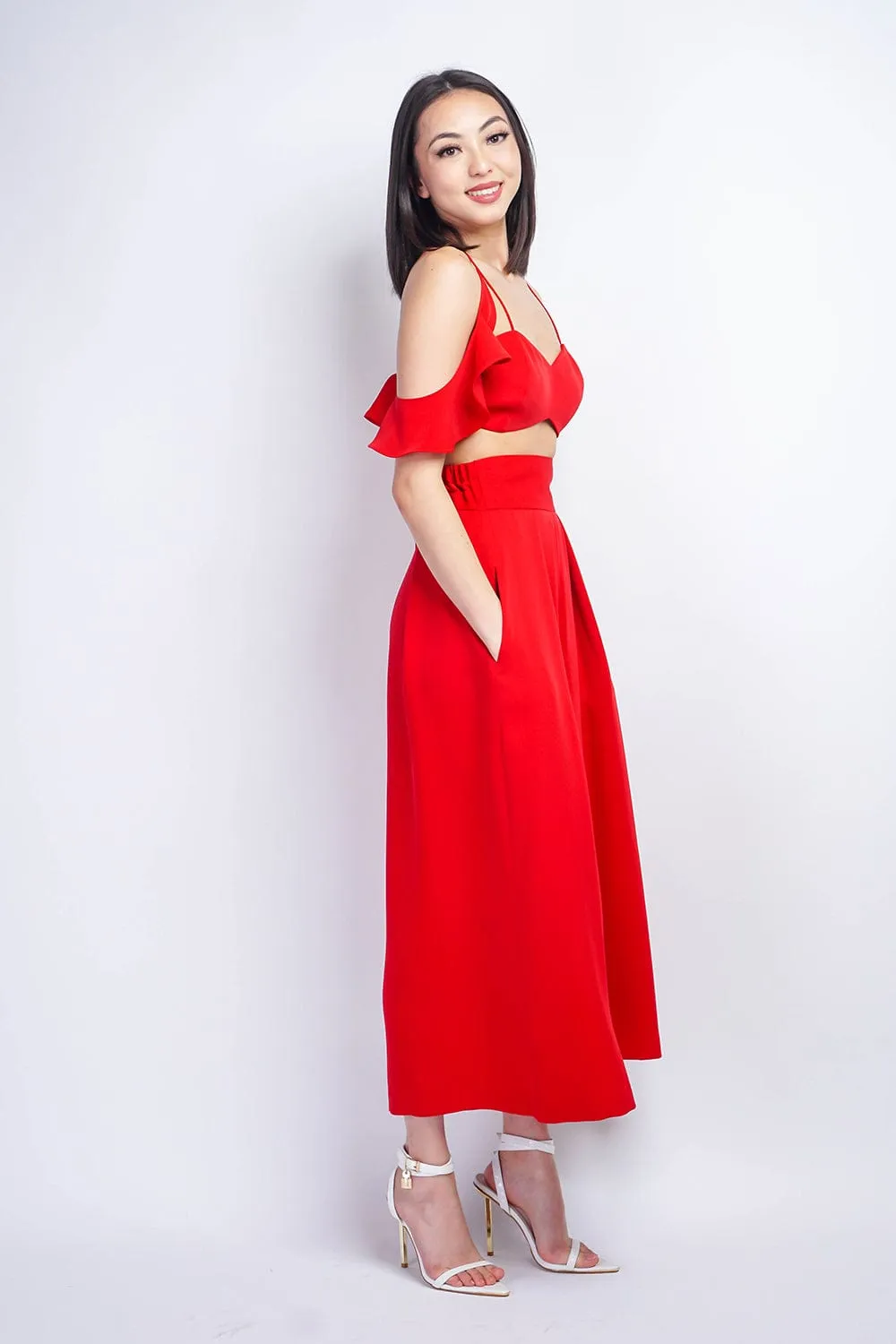 Red Pleated High Waist Wide Leg Kira Pants