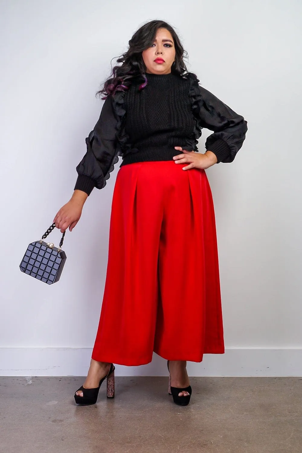 Red Pleated High Waist Wide Leg Kira Pants