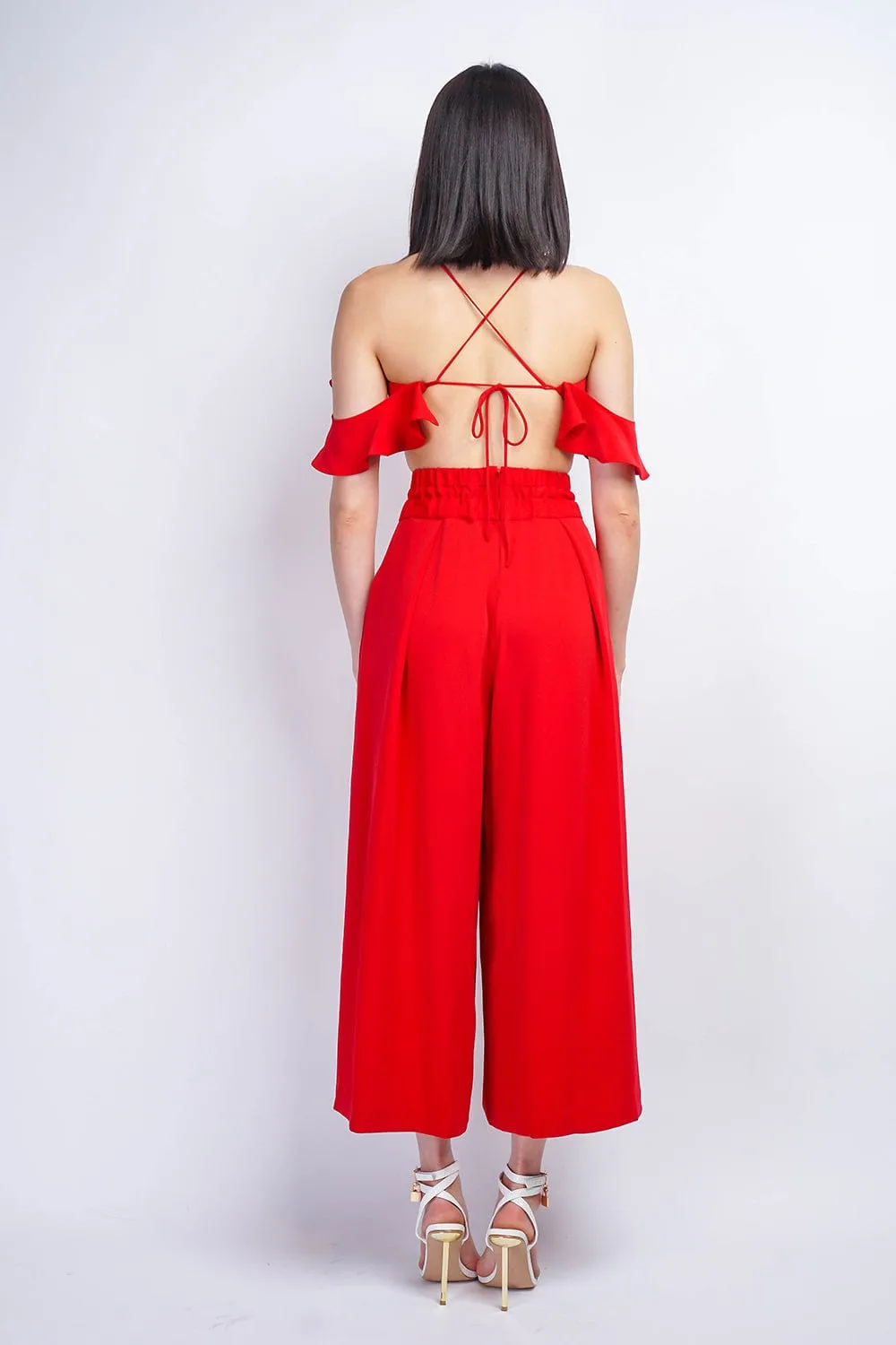 Red Pleated High Waist Wide Leg Kira Pants