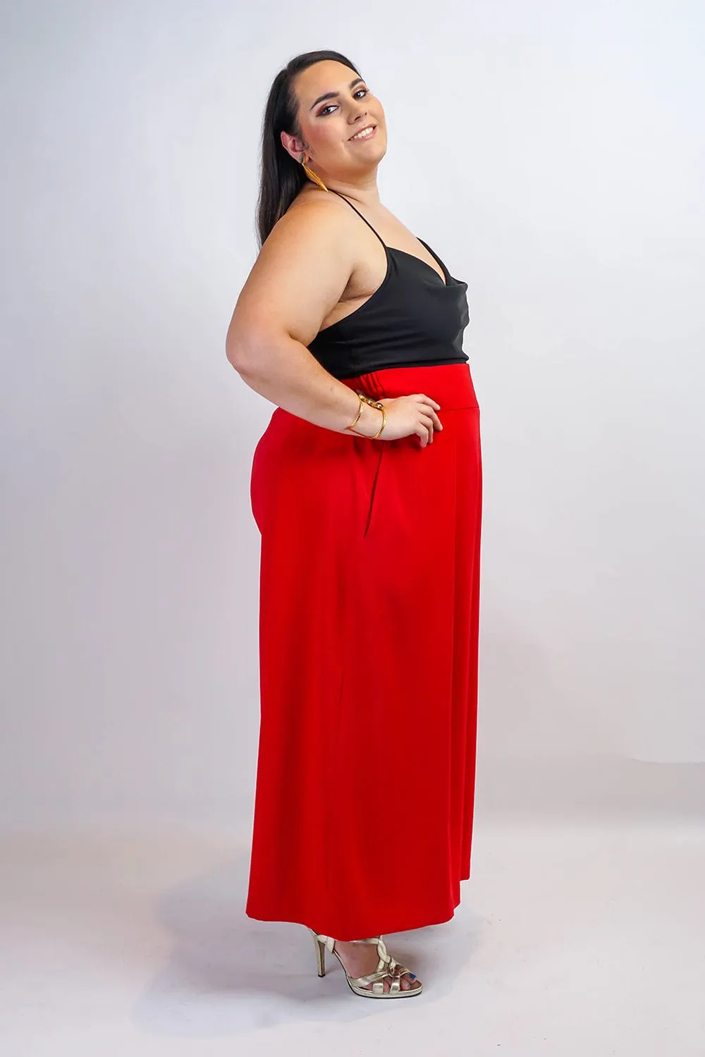 Red Pleated High Waist Wide Leg Kira Pants