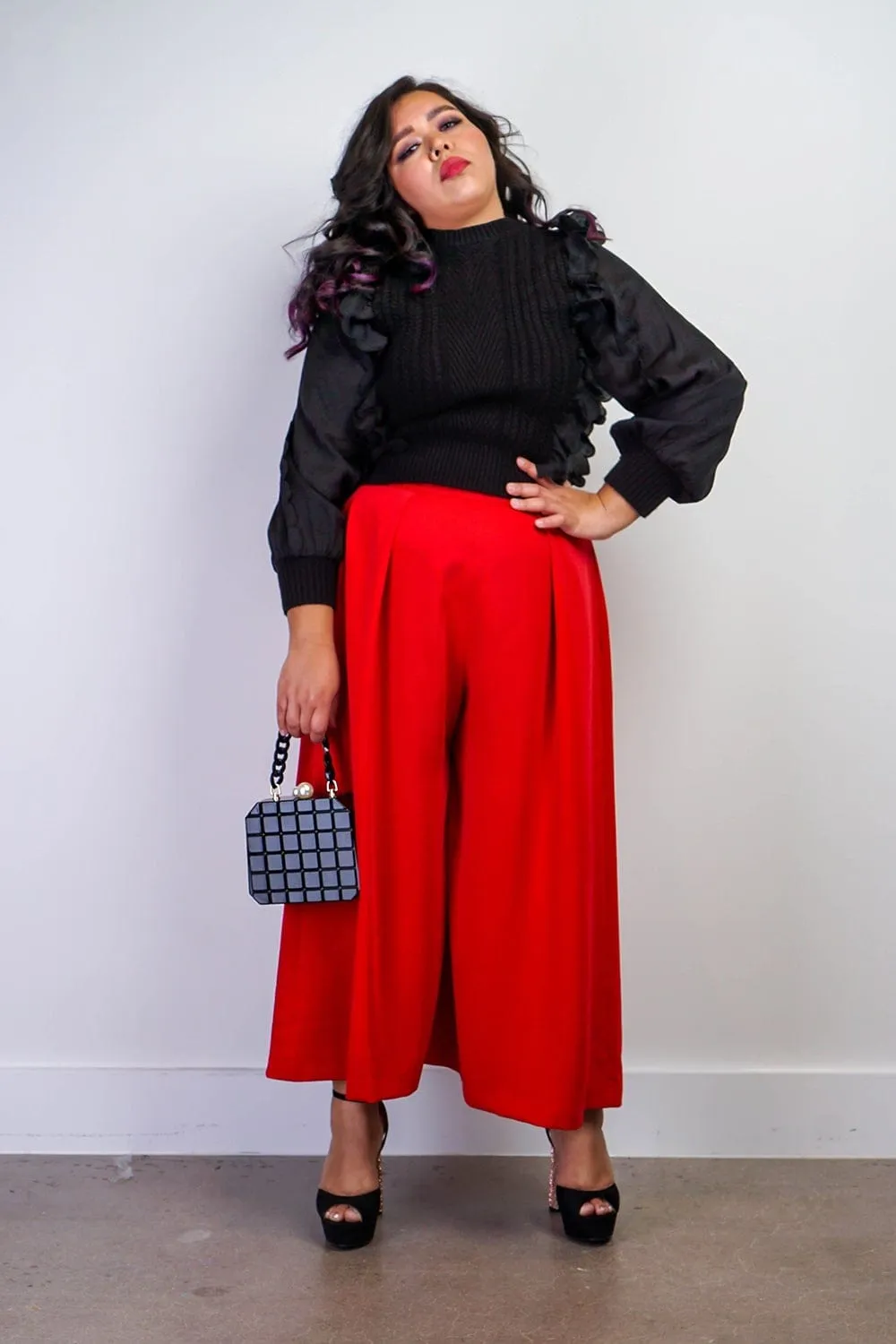 Red Pleated High Waist Wide Leg Kira Pants