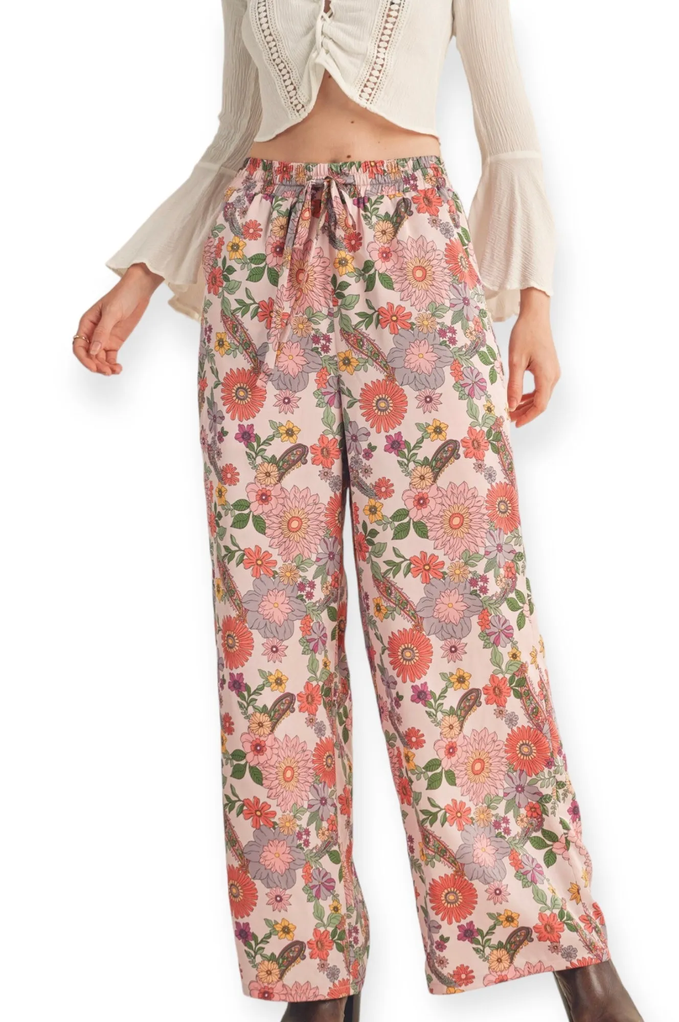 Satin Blooms Floral High Rise Pants