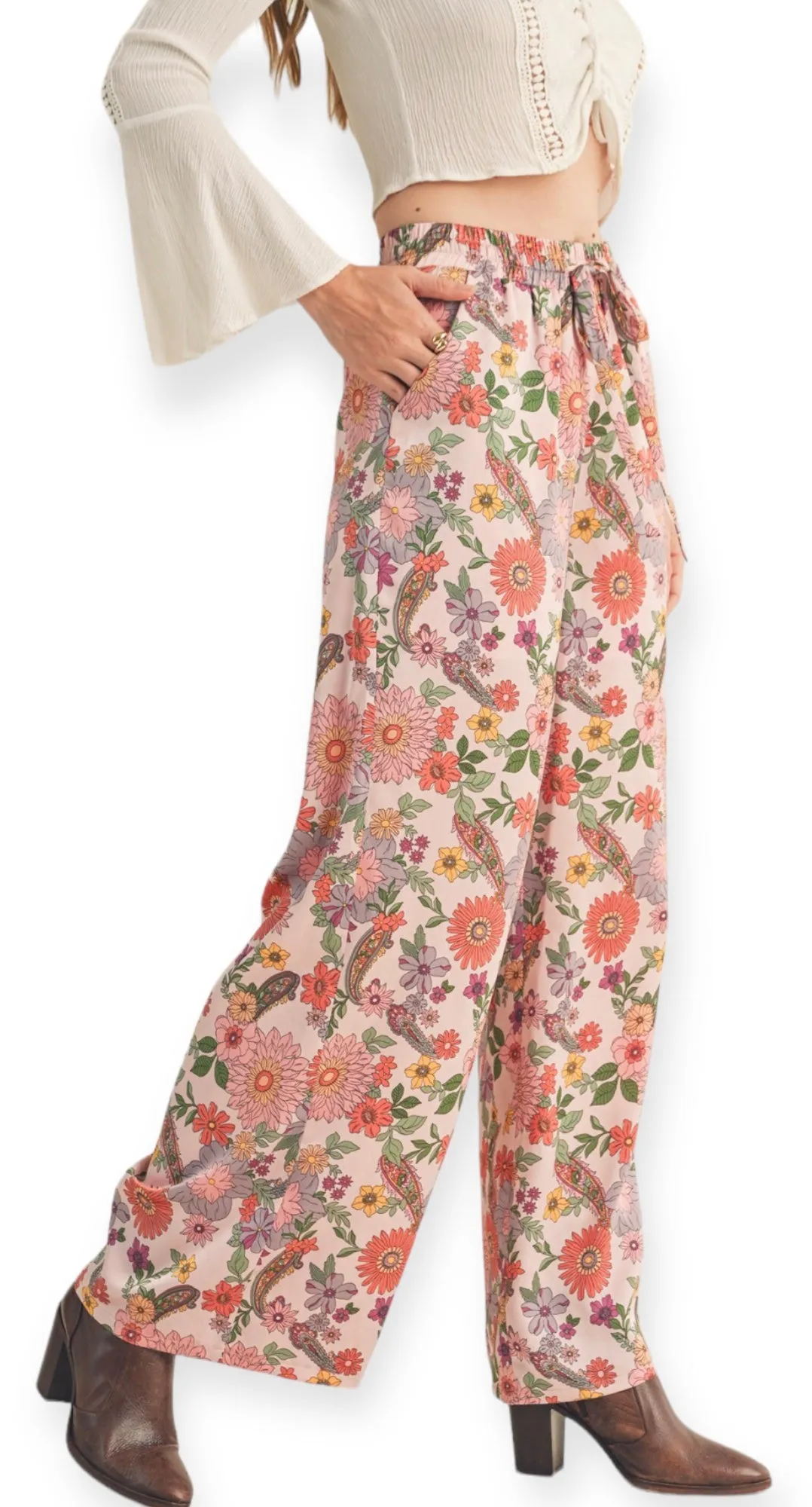 Satin Blooms Floral High Rise Pants