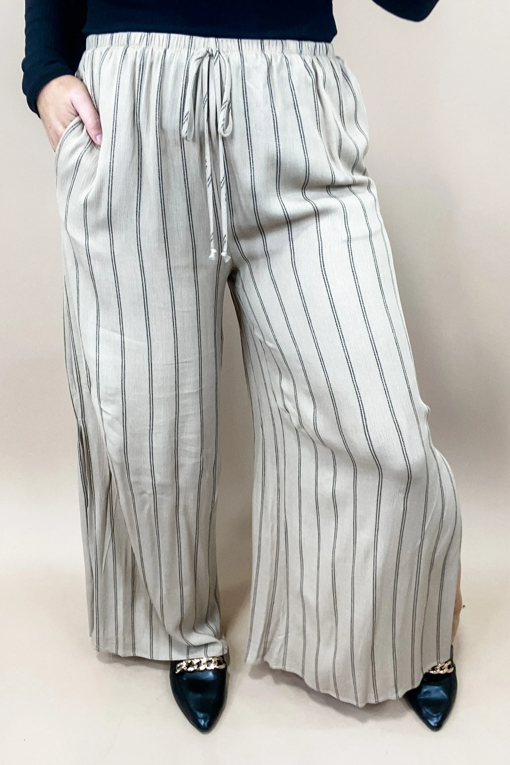 Take It All In- Khaki Striped Wide Leg Pants w/ Side Slits